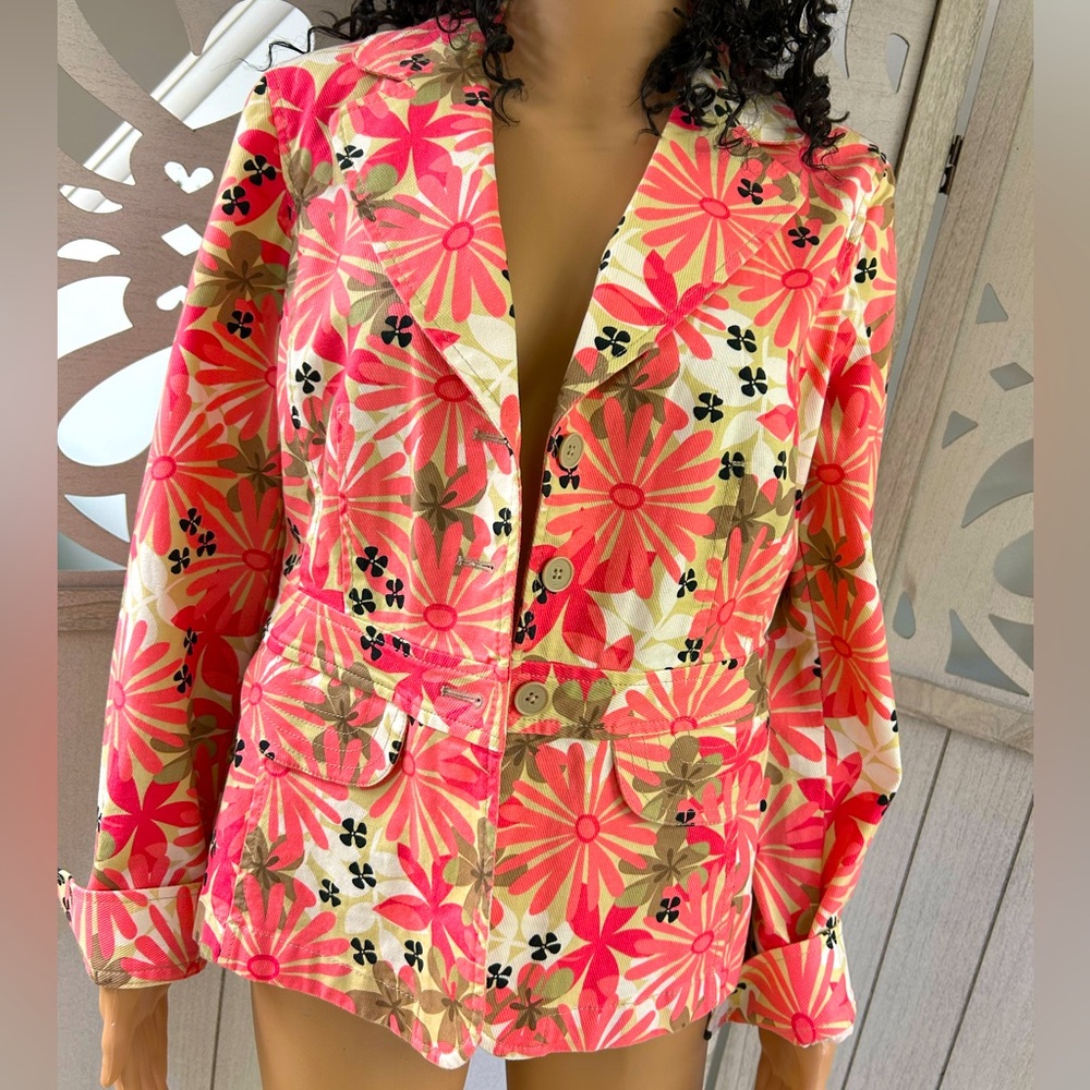 Ann Taylor Loft Floral Denim Jacket Pink & Coral Size 8